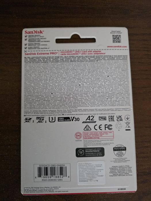 SanDisk Extreme PRO microSDXC 128GB UHS-I U3 V30 A2 з адаптером SD.Основні характеристикиОбсяг: 128 ГБШвидкість читання: до 200