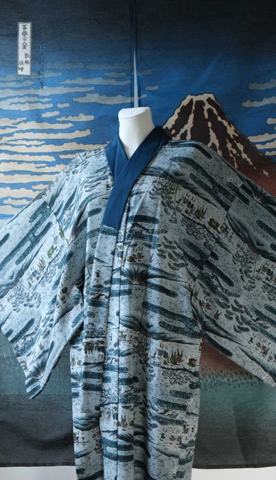 Juban nagajuban męski bielizna pod kimono niebieska z motywem góry Fuji