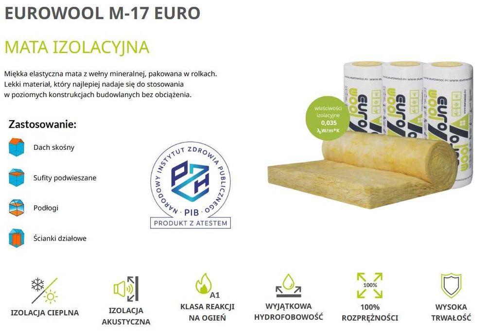 Wełna w rolce lambda 035 5cm 10cm 15cm 20cm Eurowool poddasze