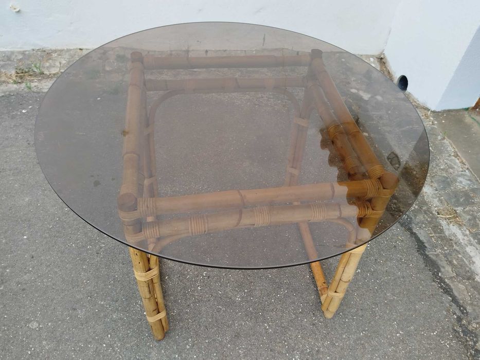 Mesa bambu com tampo de vidro 1m