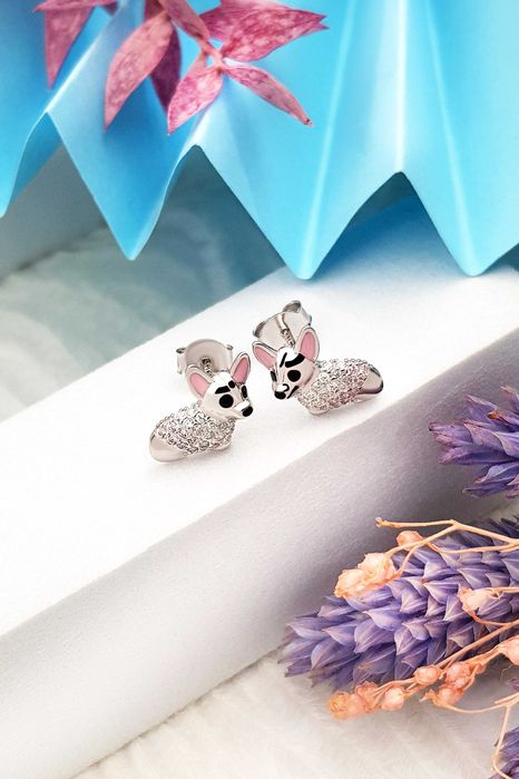 Srebrne kolczyki pieski corgi z cyrkoniami i emalią pr. 925