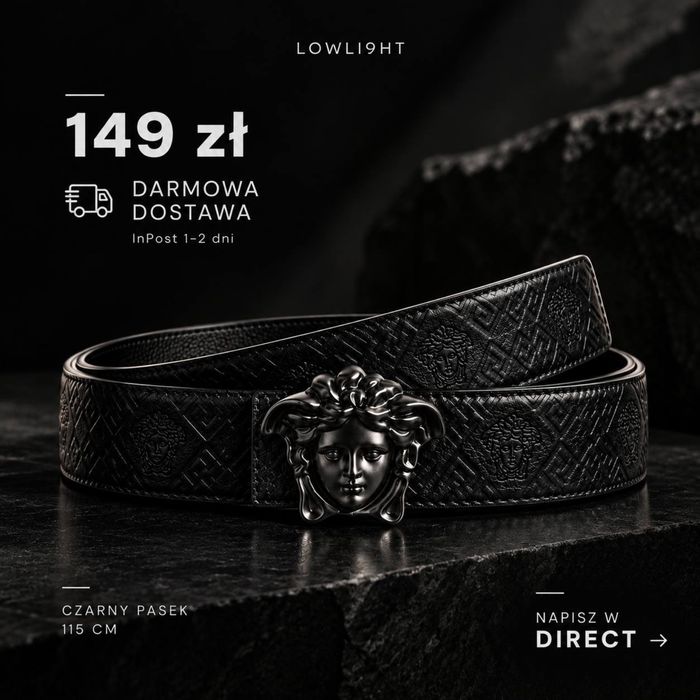 Czarny pasek męski z ozdobną klamrą Medusa – 149 zł