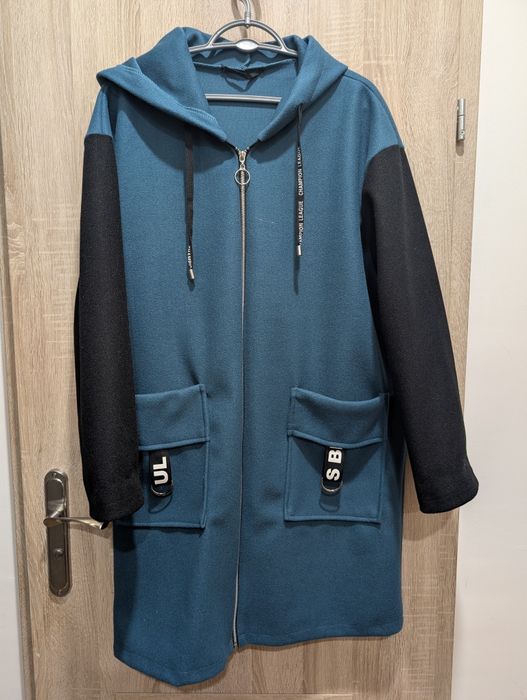 Płaszcz alpaka z kapturem bluza morski czarny włoski oversize suwak