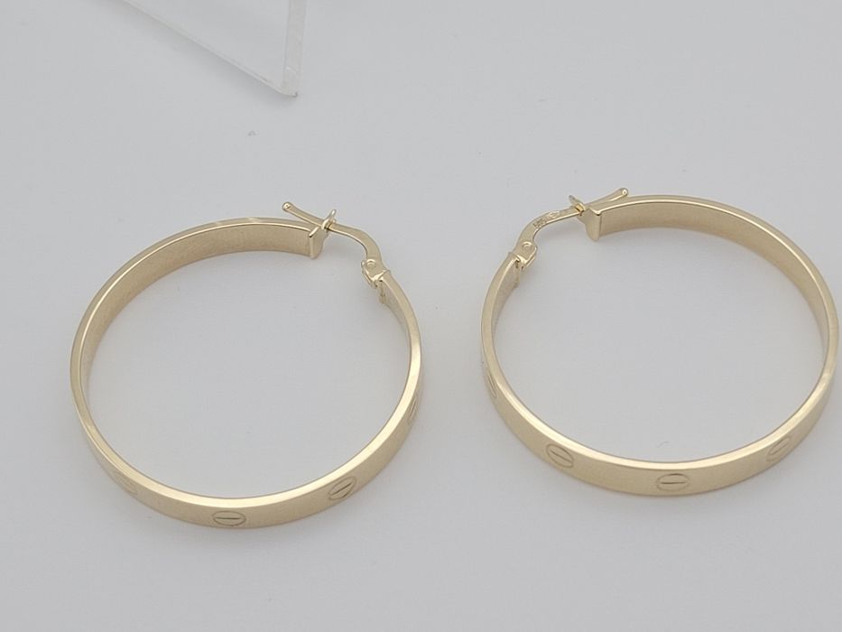 Nowe złote kolczyki złoto próby 585, koła średnicy 34 mm, śrubki