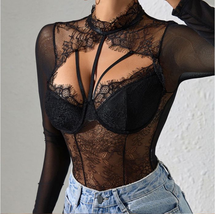 ‼️РОЗПРОДАЖ‼️ Жіноче мереживне боді |Прозоре боді з довгим рукавом