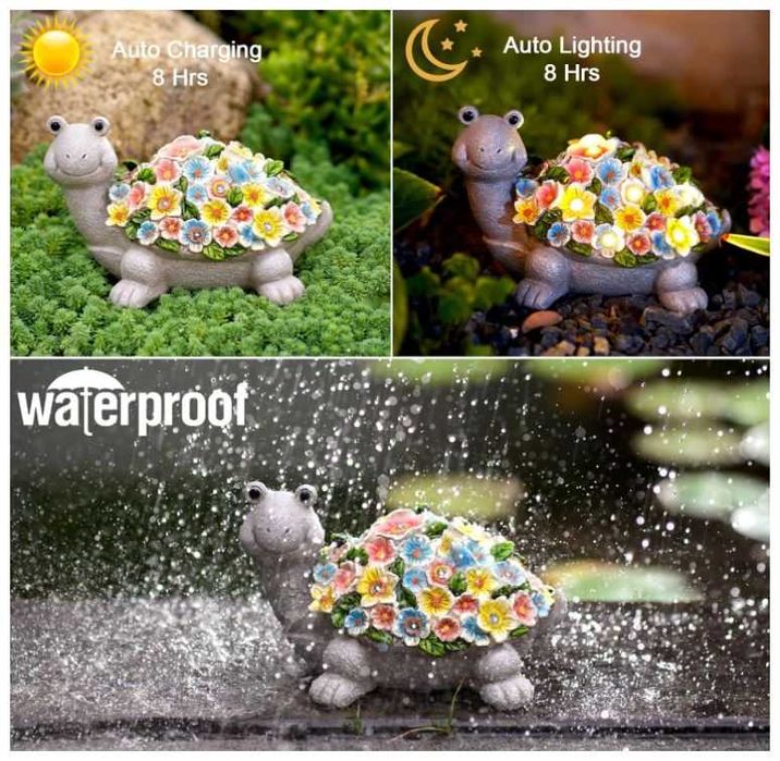 Solarna dekoracja ogrodowa, figurka żółwia z kwiatami
