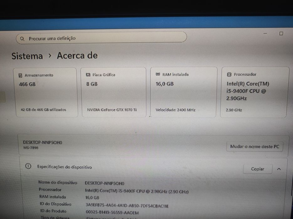 PC Gamer i5 9400f/GTX1070ti/16GBram/ssd