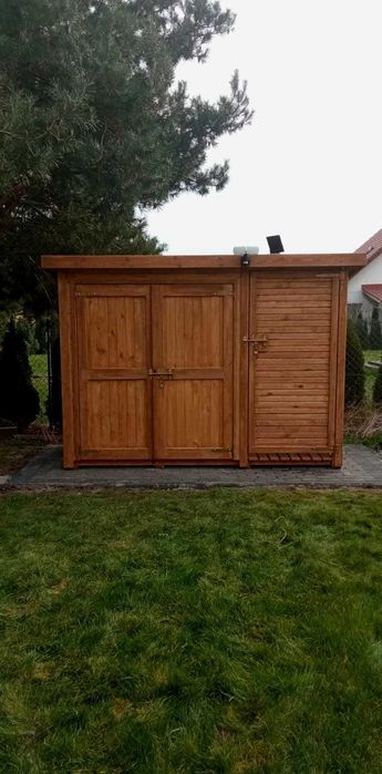 Domek narzędziowy ogrodowy 2x1,1m z drewutnią 1x1,1m z dachem prostym