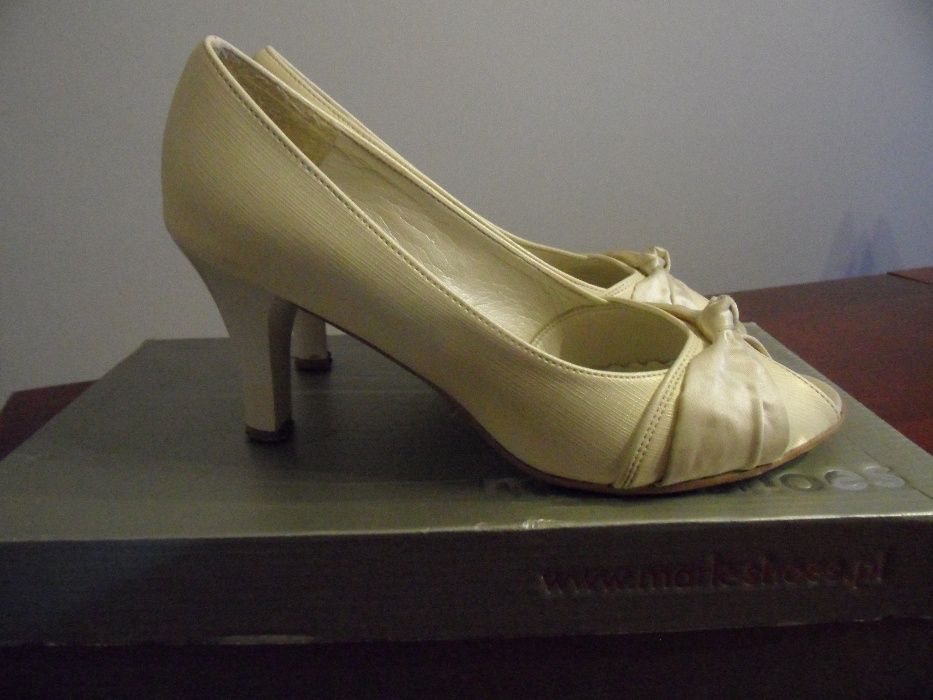 Buty ślubne, na ślub, skórzane - Mark Shoes roz 37 ecru stabilny obcas