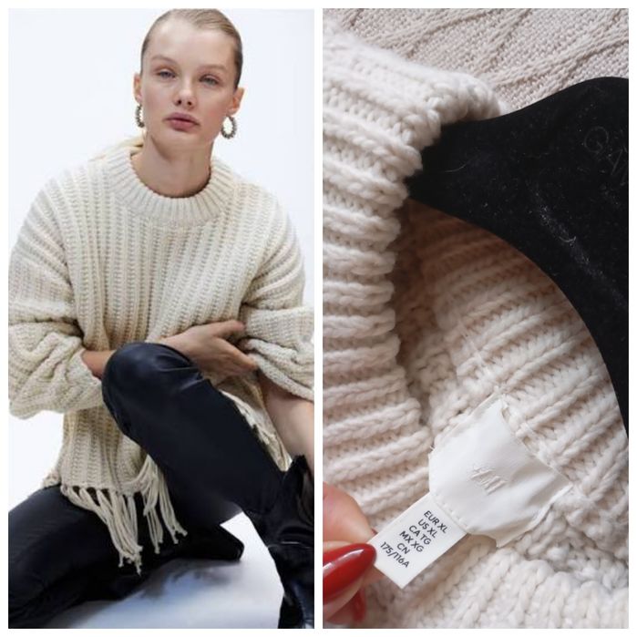 H&M XL śmietankowy luźny sweter oversize o grubym splocie z frędzlami