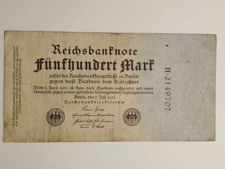 Sprzedam banknot Niemcy 500 marek 1922r. seria H