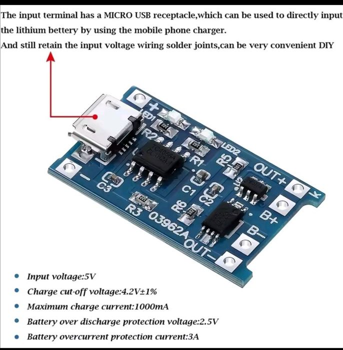 Модуль зарядки литиовых аккумуляторов Li ion 18650 5v 1 A