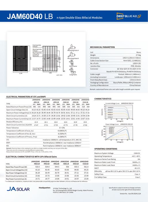 Painel fotovoltaico JA Solar 510W bifacial, vidro-vidro, Mono, moldura