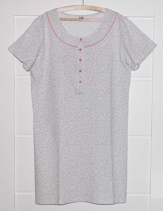 Bawełniana popielata koszula nocna, krótki rękaw, wzór kwiatowy, LUNA