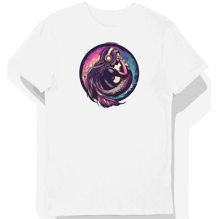 Koszulka męska biała z motywem syreny słuchającej muzyki S