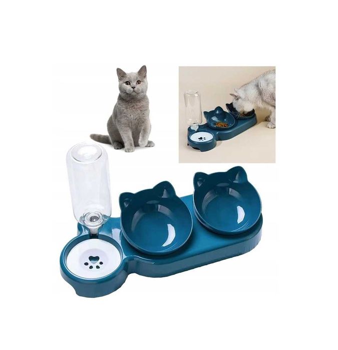 ZESTAW 3w1 Miska Podwójna dla Psa Kota na Karmę z Dozownikiem Poidło