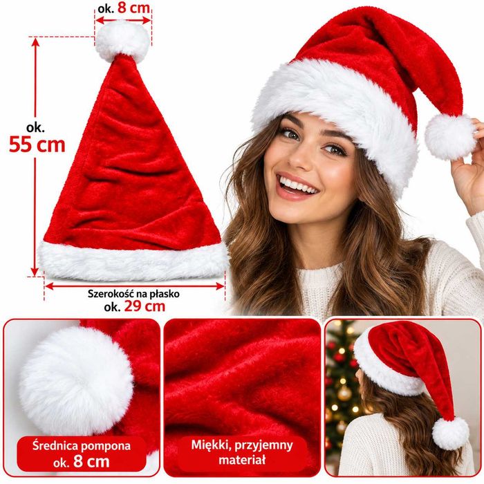 Czapka Mikołaja 55 cm Czerwona Biały Pompon