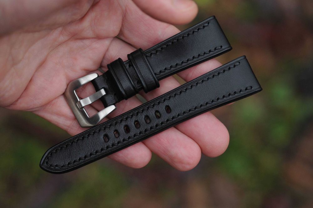 Чёрный кожаный ремешок для часов 22 х 18 мм браслет Ручная работа
