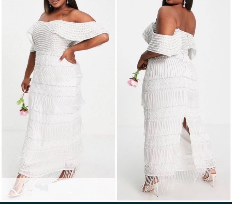 Virgos lounge biała cekinowa sukienka midaxi frędzle hiszpanka 46 3 xl