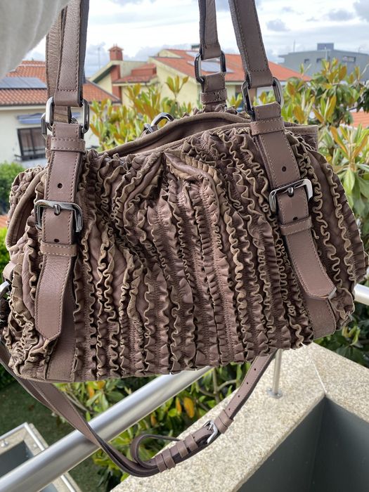 Burberry Ruffled Lowry Tote - Pleated Leather - Dark Mauve/Brown