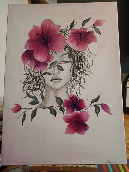 Obraz abstrakcyjny "Myśli w kwiatach", kobieta, kwiaty