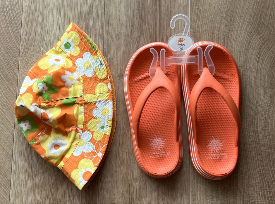Nowe pomarańczowe klapki rozmiar 36 i kapelusik