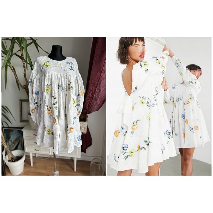 Biała bawełniana haft sukienka mini haftowana kwiaty L 40 M 38 asos