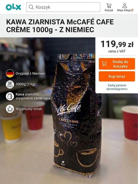 Kawa ziarnista McCafé Cafe Crème 1kg z Niemiec NOWA-UNIKAT!
