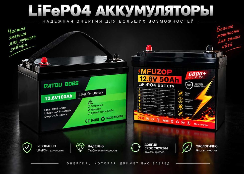 Аккумулятор LiFePO4 12V/100Ah BMS для резервного живлення. 12V 100Ah Акция. Бесплатная доставка по Украине. В наличии 50, 100, 200, 300.