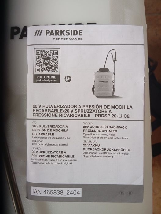 Pulverizador/ máquina de sulfatar a bateria Parkside Performance 20V