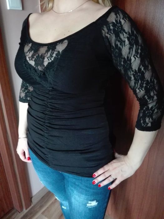 Piękna Czarna Bluzka Koronkowa M-L