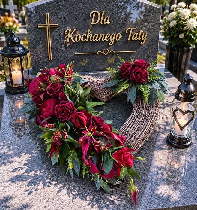 Kompozycja serce, wiązanka na grób na Dzień Ojaca z różami bordo i peoniami