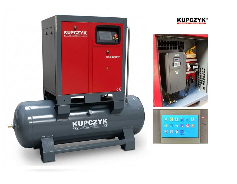 Kompresor Śrubowy Falownik 15 kw zbiornik 500l wydajność 720-2200 l/min Kupczyk