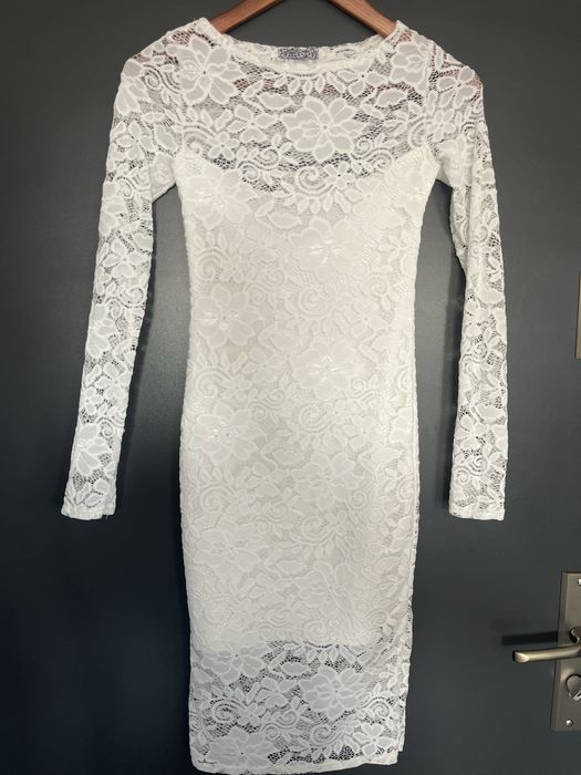 elegancka biała sukienka ślubna koronkowa z długim rękawem rozmiar XS