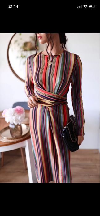 Sukienka bawełniana midi w pasy wiązana cottagecore vintage S