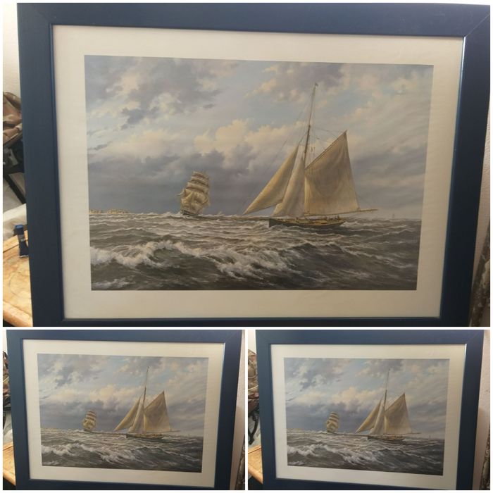 Quadro caravela moldura azul
