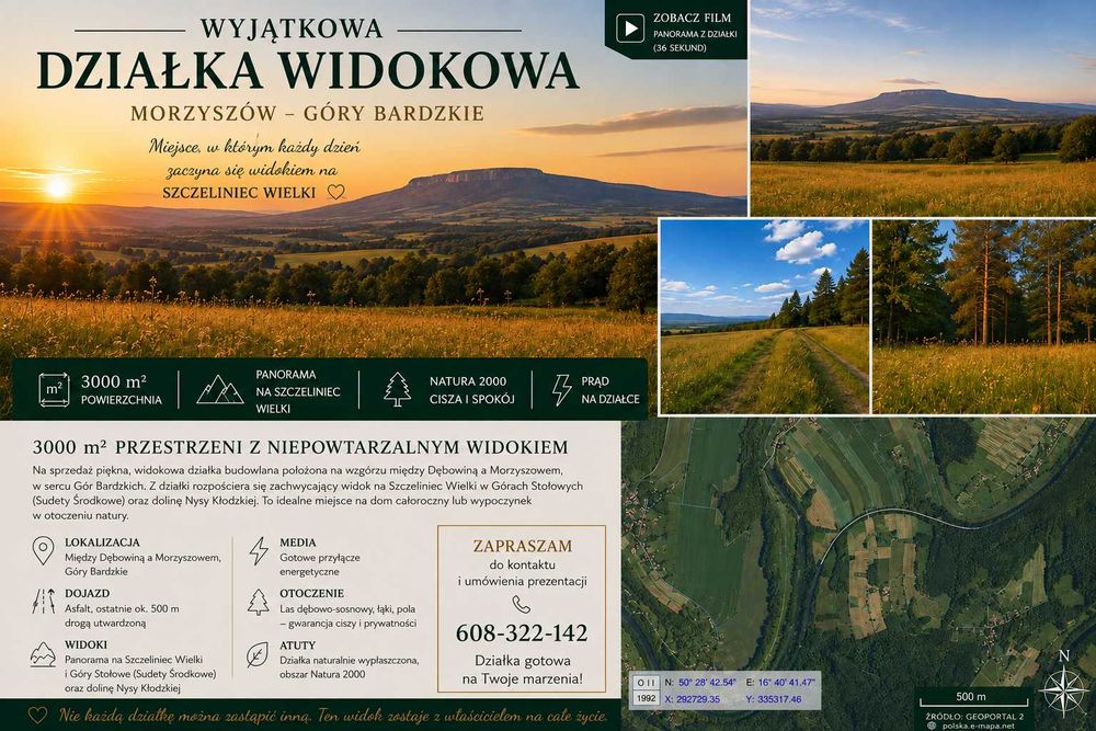 WYJĄTKOWA DZIAŁKA WIDOKOWA 3000 m² | MORZYSZÓW – GÓRY BARDZKIE | PANORAMA SUDETÓW Są miejsca, które zachwycają od pierwszego spojrzenia…