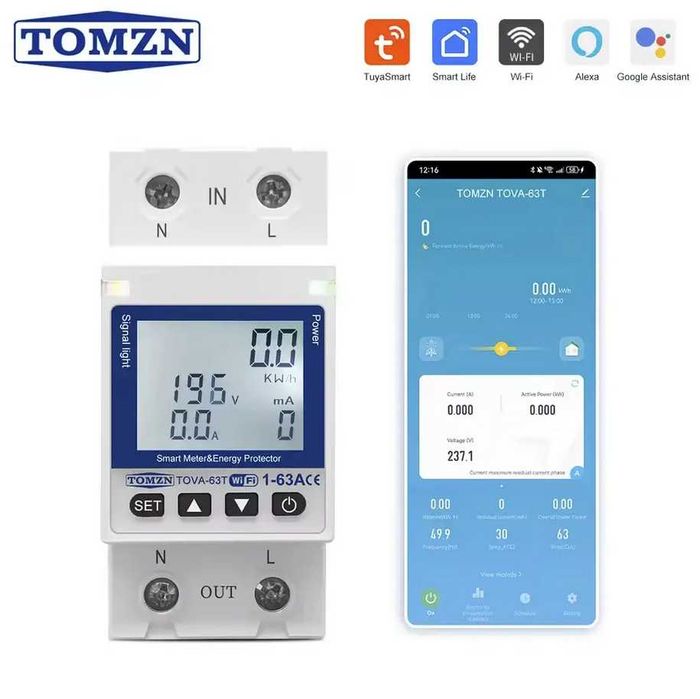Умное реле защиты от перенапряжения со счётчиком 63A Wi-Fi
