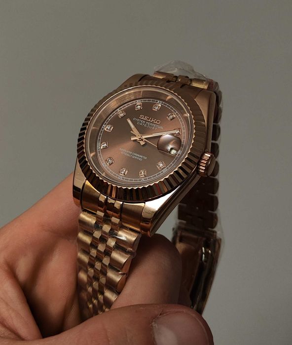 Seiko MOD Datejust Brązowy Czekoladowy Diamond Rose Gold Nowy Custom Jubilee Zegarek Męski Diamenty