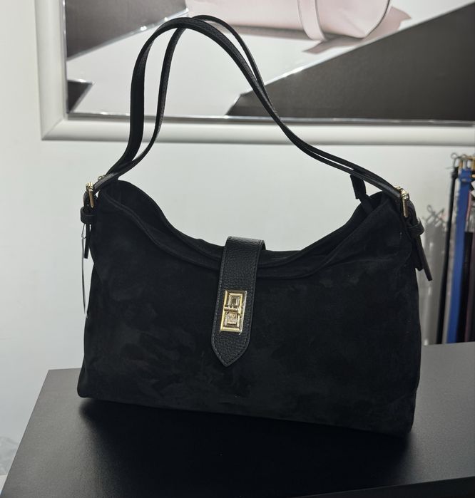 Замшева сумка бежева чорна Мягкая заишевая сумка бежевая черная