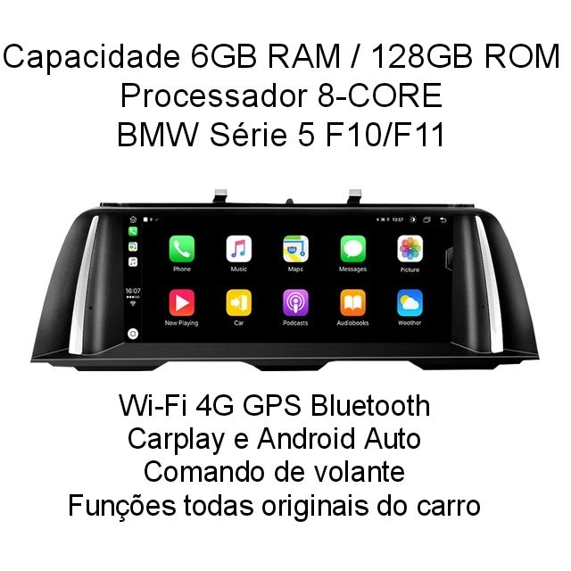 Rádio android 10,25" BMW série 5 F10/11 CARPLAY WIFI 4G 6/128GB 8-CORE