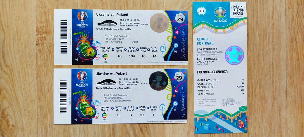 Zestaw 3 bilet UEFA Euro 2016 Euro 2020 Mistrzostwa Europy PZPN FIFA