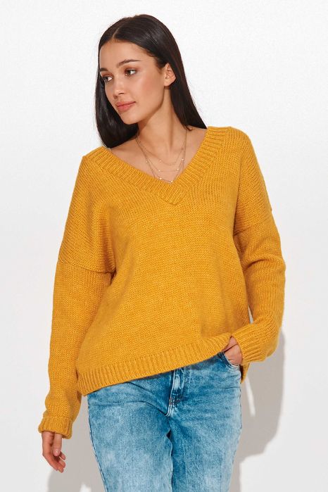 Żółty prosty sweterek z głębokim dekoltem w szpic NOWY