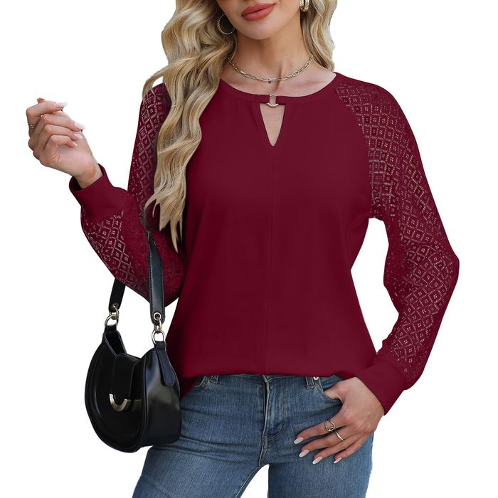 Women's Lace Blouse - Long Sleeve, V-Neck - Burgundy, XL