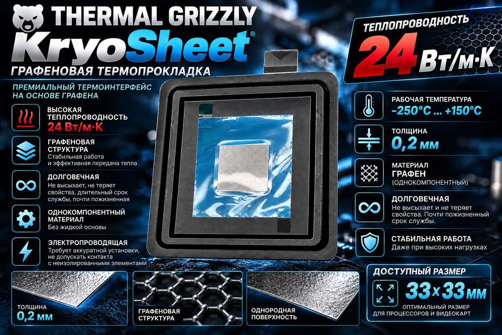 Thermal Grizzly KryoSheet | Графитовый термоинтерфейс / 24 Вт/(м·К)  | Для CPU / GPU | Ноутбук / ПК / Видеокарт / и т.д Вечный Термоинтерфейс