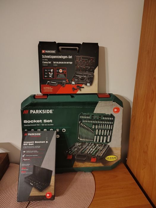 Parkside Nasadki 1/4 3/8 1/2 + klucze 216 szt + nasadki i bity udarowe + zaciski nowe wysyłka