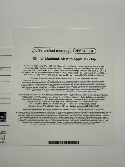 MacBook Air M2 13,6” 16GB / 256GB Gwarancja do 09.2026, Bateria 100%
