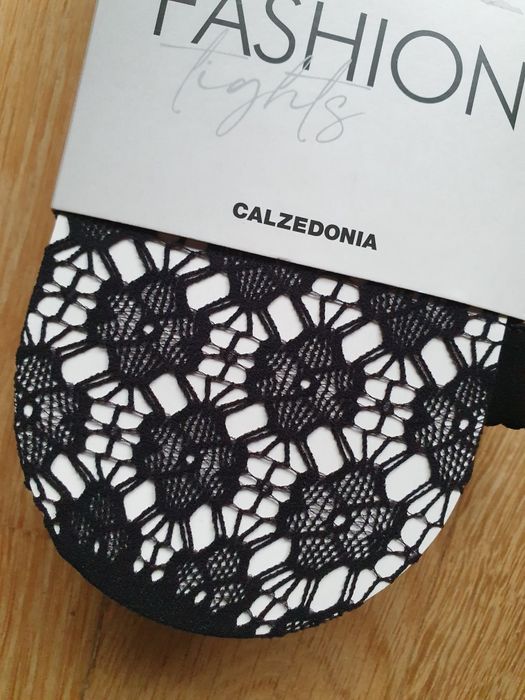 Rajstopy Calzedonia m/l czarne w kwiaty rete kabaretki fiori