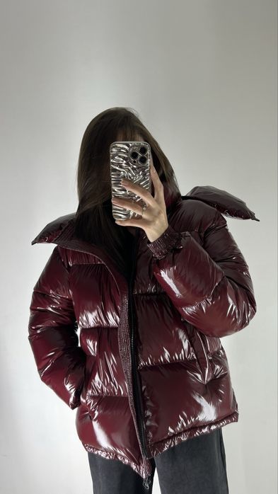 ЗНИЖКА на 58см Лаковий пуфер глянець жіночий куртка бургунді бордо