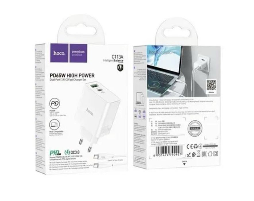 Потужний Зарядний Пристрій PD65W/QC3.0 Hoco C113A+кабель Type-C-Type-C